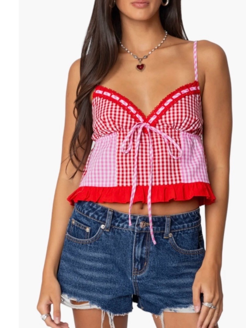 EDIKTED Joanne Mixed Gingham Camisole Top Size L NWT